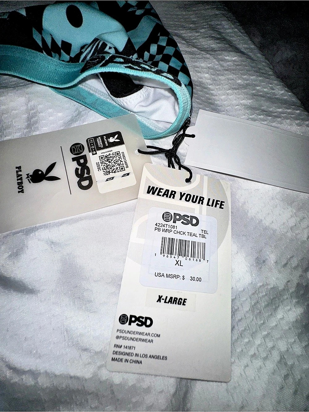 PSD x Playboy Warp Checks Bralette and Boyshort Set Black & Teal Blue XL - Picture 5 of 12